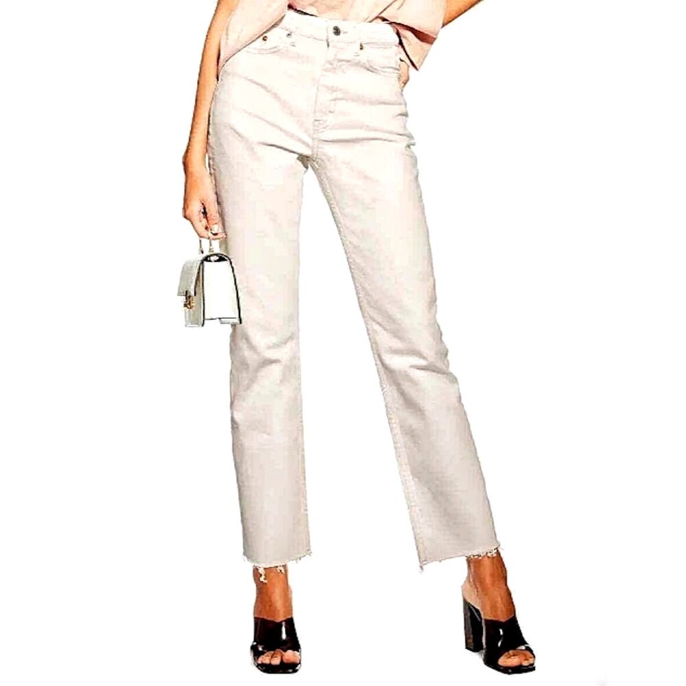 TOPSHOP Straight Hi Rise Cropped Ivory Jeans w/Frayed Hem, Sz. 26/32